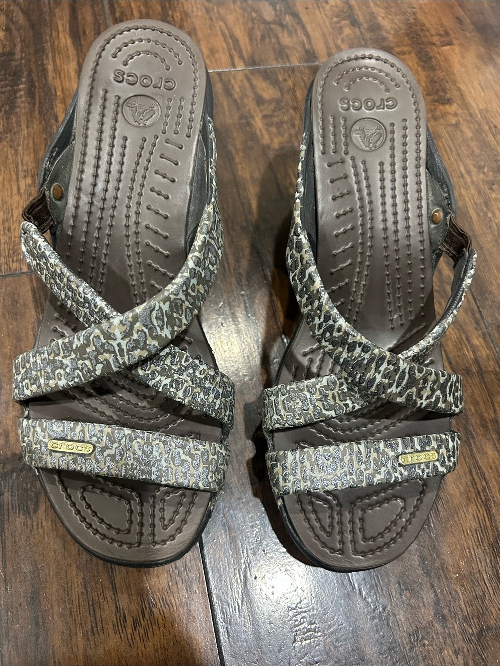 CROCS Brown and Tan Leopard-Pattern Strappy Sandals